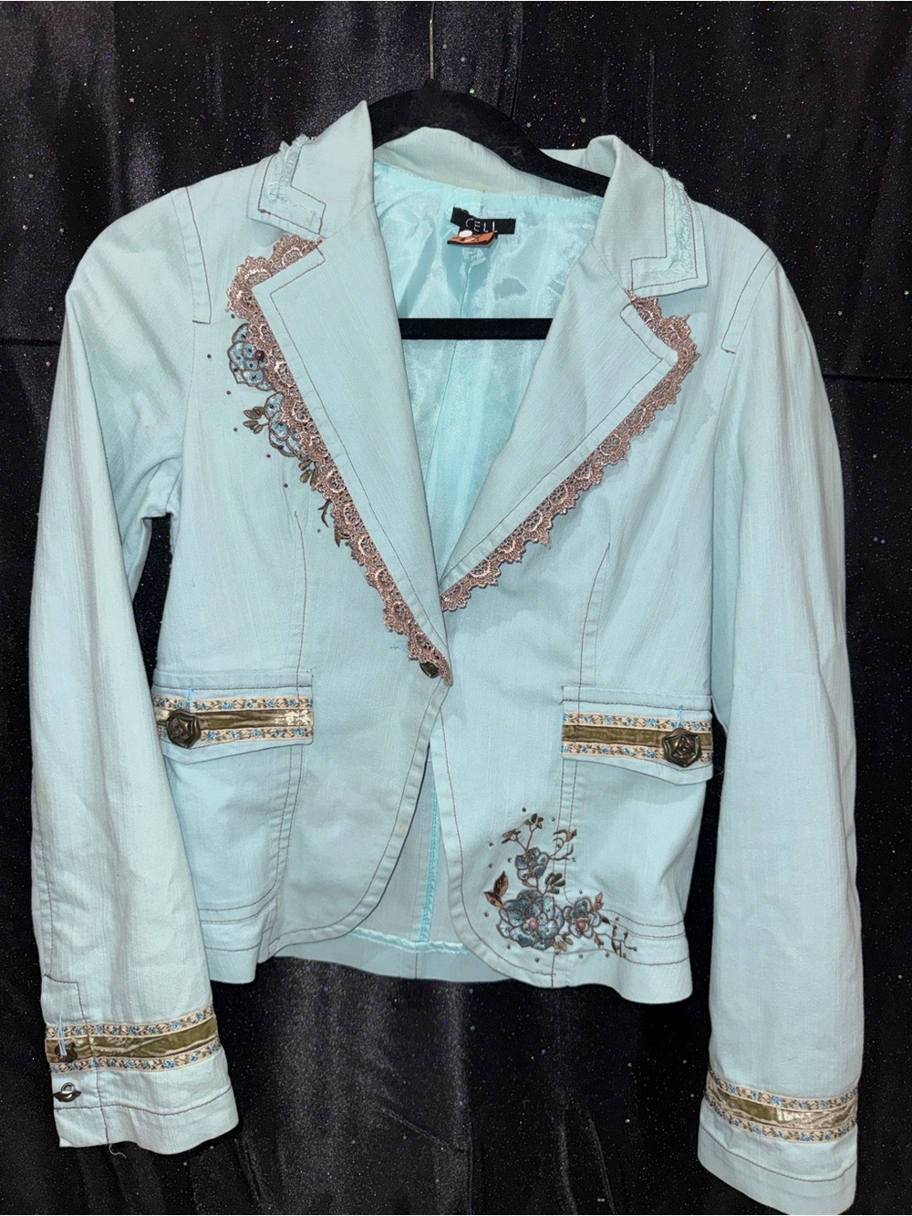 Vintage Cell Y2K Boho Embroidered Lace Blazer Jacket Light Blue